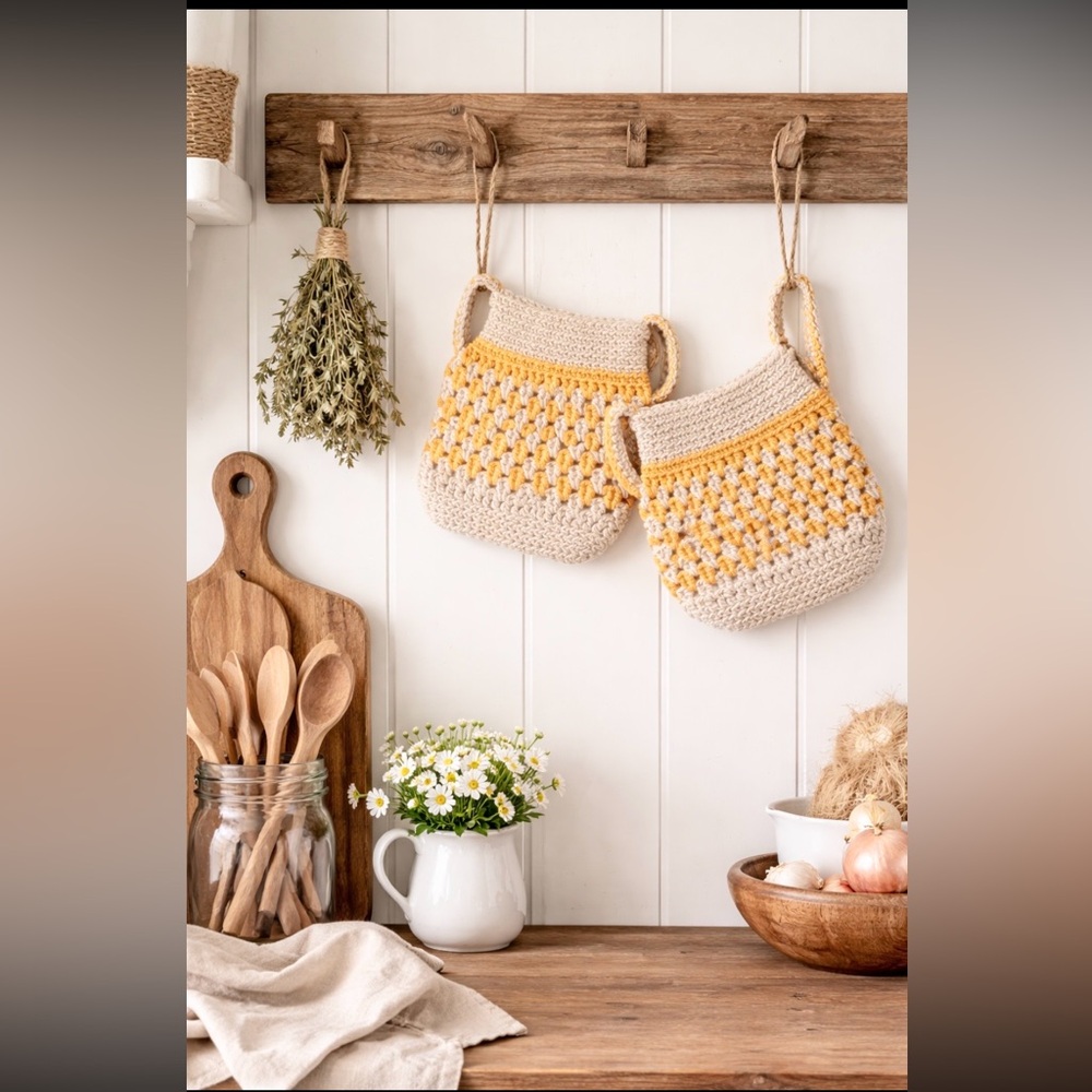 Vintage Crochet Pot Holders. Yellow Cream Metallic Gold. Kitchen MCM 1970s